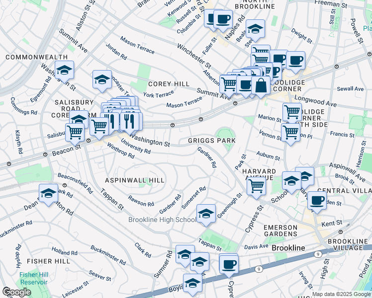 map of restaurants, bars, coffee shops, grocery stores, and more near 135 University Road in Brookline