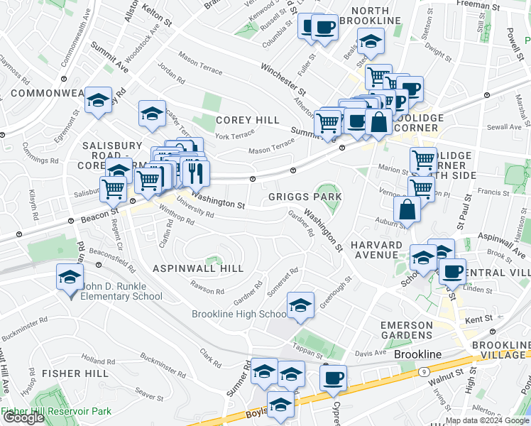 map of restaurants, bars, coffee shops, grocery stores, and more near 135 University Road in Brookline