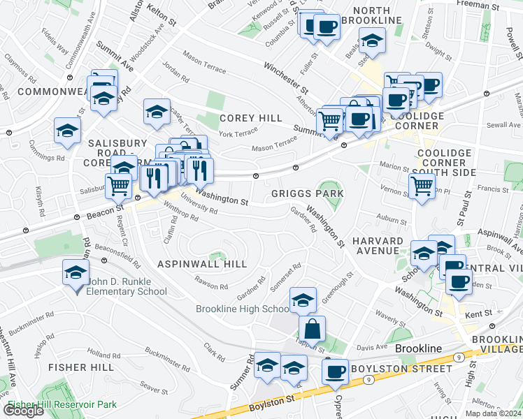 map of restaurants, bars, coffee shops, grocery stores, and more near 107 University Road in Brookline
