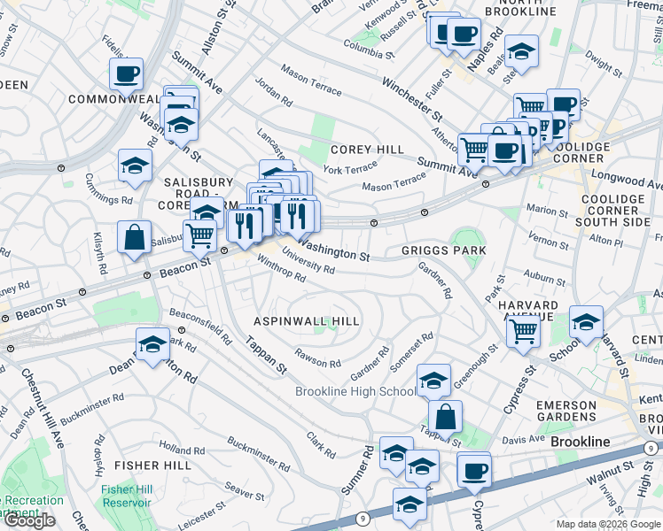map of restaurants, bars, coffee shops, grocery stores, and more near 119 Winthrop Road in Brookline