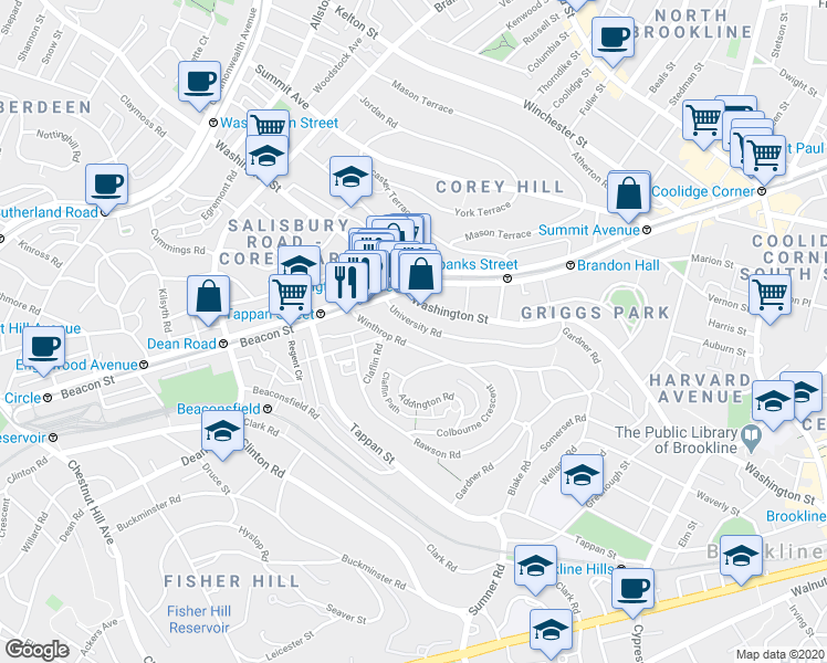 map of restaurants, bars, coffee shops, grocery stores, and more near 148 Winthrop Road in Brookline
