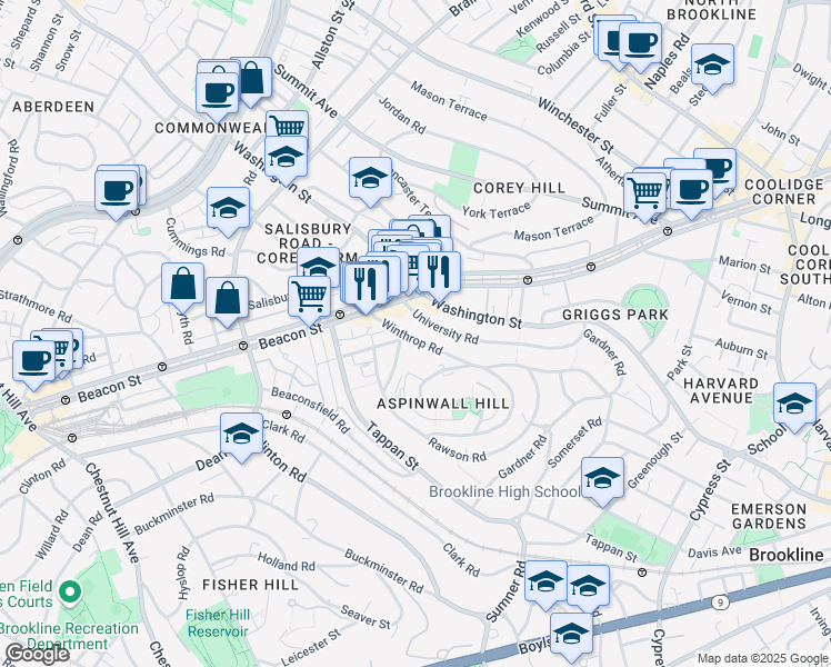 map of restaurants, bars, coffee shops, grocery stores, and more near 10 Claflin Road in Brookline