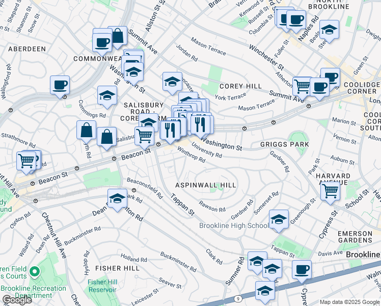 map of restaurants, bars, coffee shops, grocery stores, and more near 10 Claflin Road in Brookline