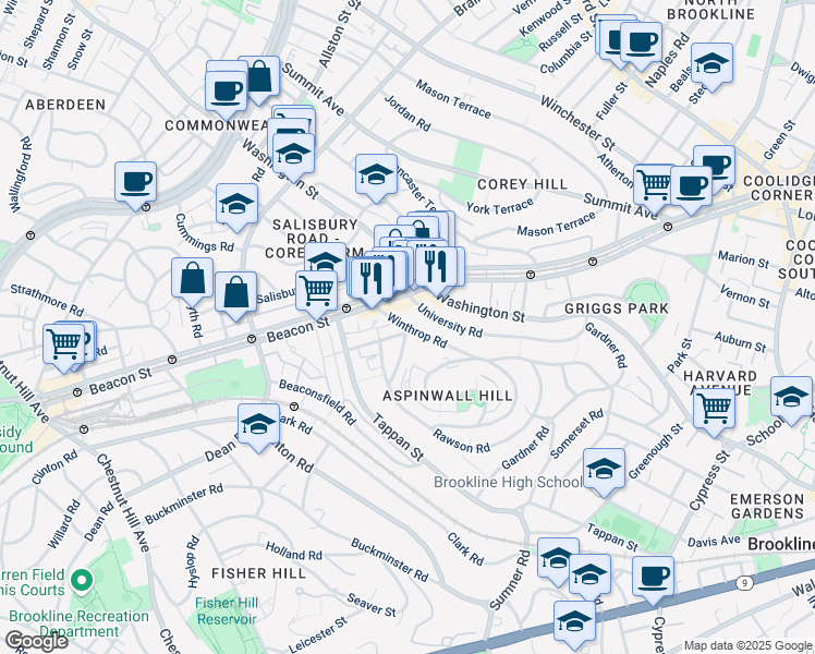 map of restaurants, bars, coffee shops, grocery stores, and more near 10 Claflin Road in Brookline