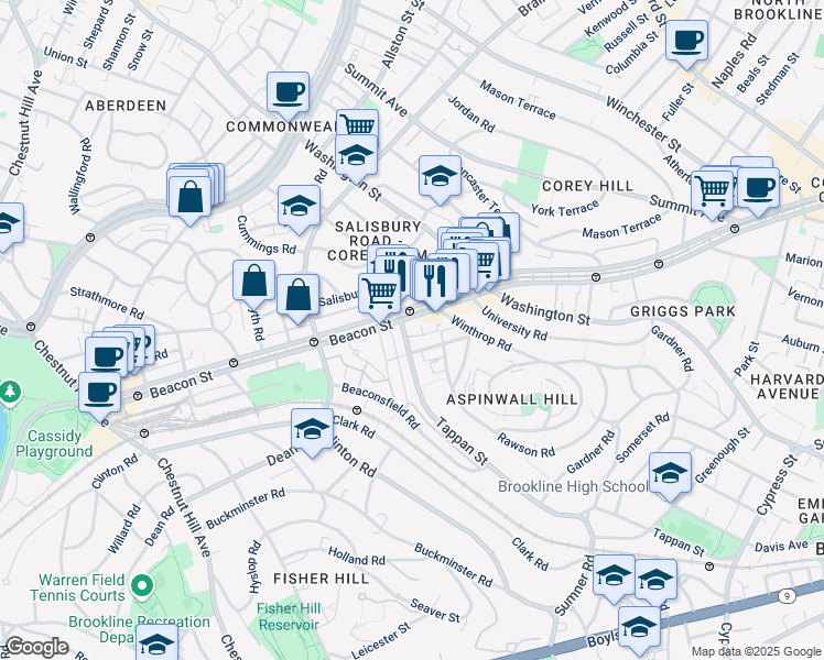 map of restaurants, bars, coffee shops, grocery stores, and more near in Brookline