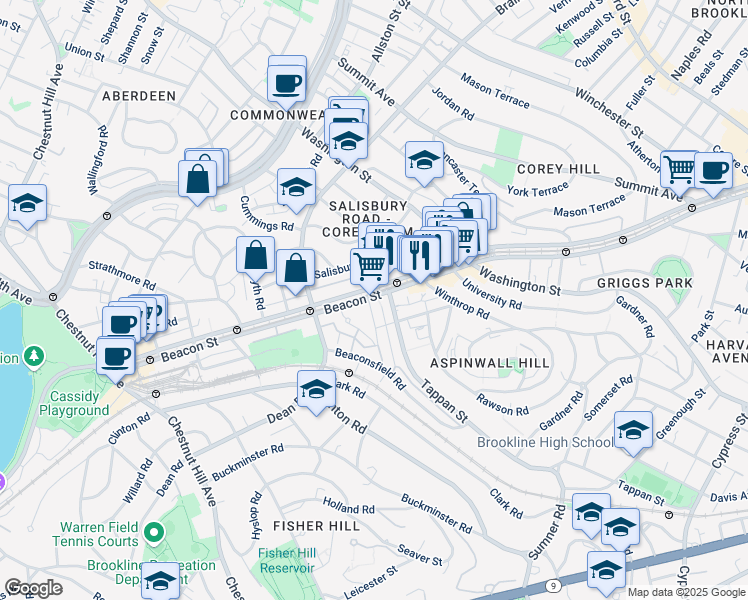map of restaurants, bars, coffee shops, grocery stores, and more near in Brookline
