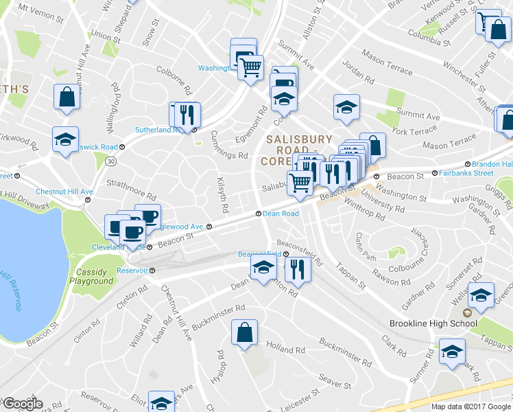 map of restaurants, bars, coffee shops, grocery stores, and more near 1763 Beacon Street in Brookline