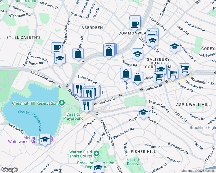 map of restaurants, bars, coffee shops, grocery stores, and more near 1 Reservoir Court in Brookline