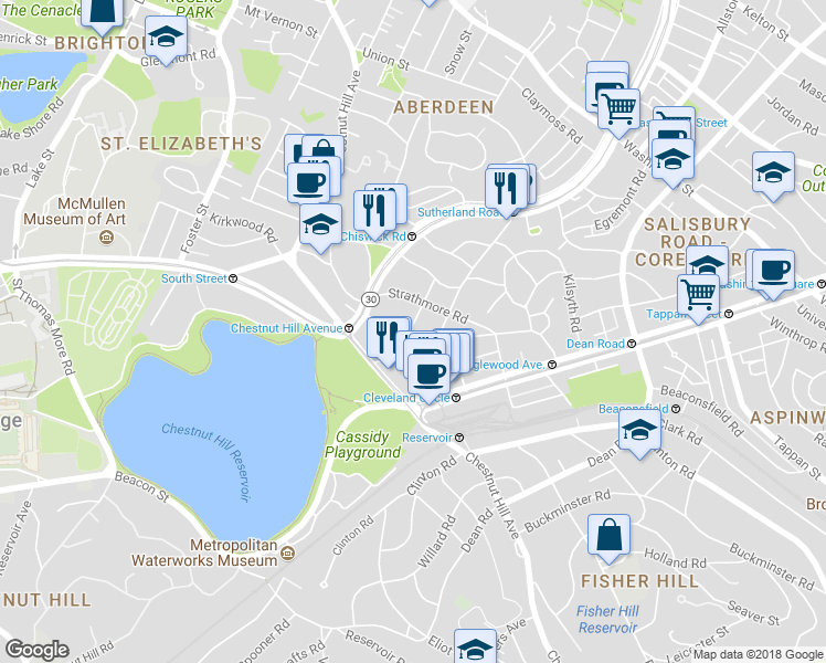 map of restaurants, bars, coffee shops, grocery stores, and more near 4 Chiswick Road in Boston