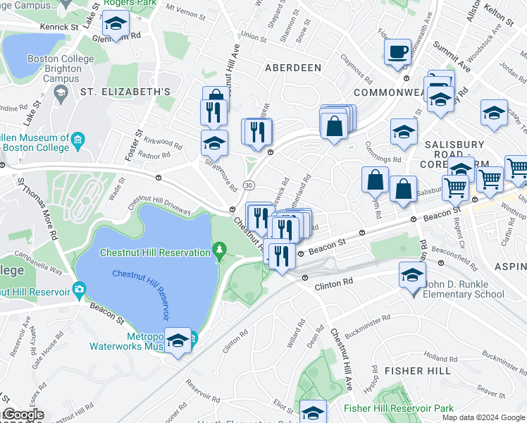 map of restaurants, bars, coffee shops, grocery stores, and more near 4 Chiswick Road in Boston