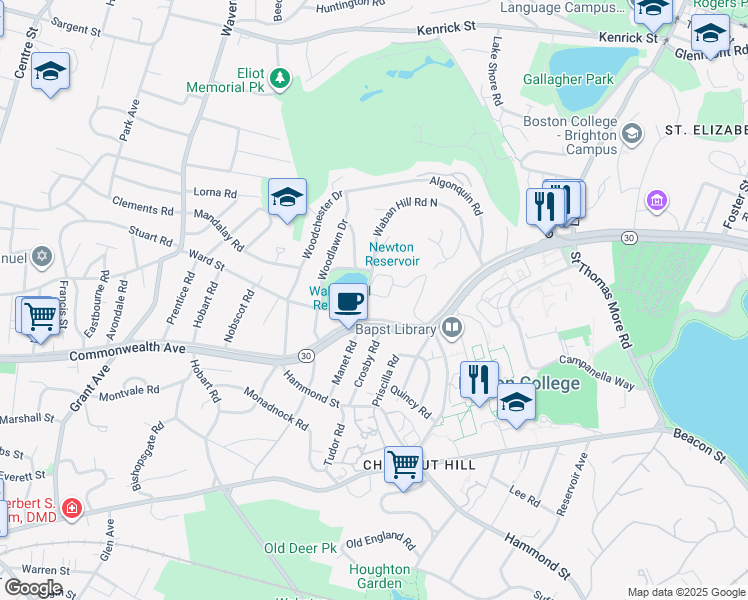 map of restaurants, bars, coffee shops, grocery stores, and more near 219 Commonwealth Avenue in Newton