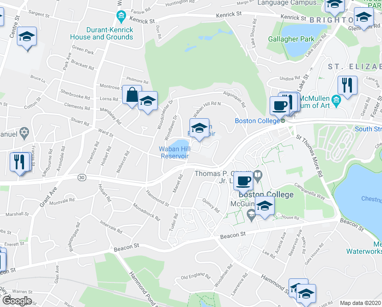 map of restaurants, bars, coffee shops, grocery stores, and more near 219 Commonwealth Avenue in Newton