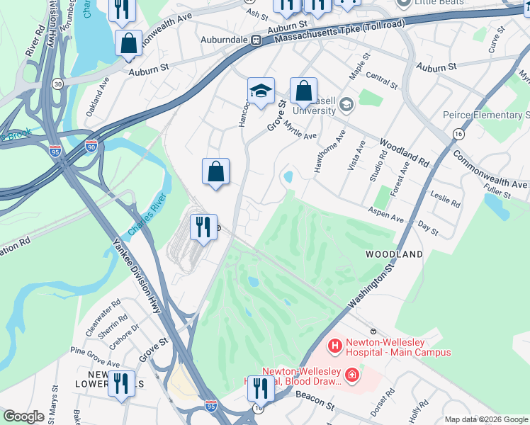 map of restaurants, bars, coffee shops, grocery stores, and more near 282 Grove Street in Newton