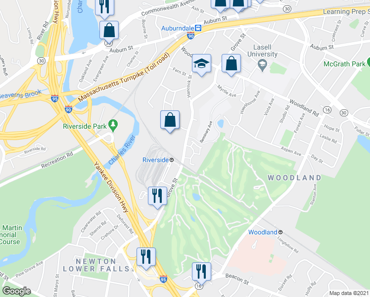 map of restaurants, bars, coffee shops, grocery stores, and more near 290 Grove Street in Newton