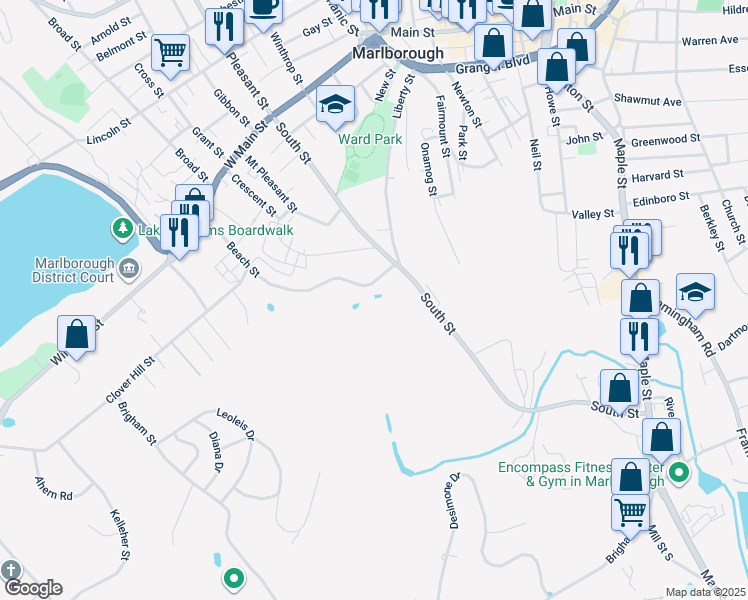 map of restaurants, bars, coffee shops, grocery stores, and more near 187 Beach Street in Marlborough