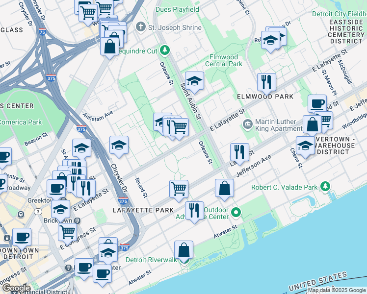 map of restaurants, bars, coffee shops, grocery stores, and more near 1544 East Lafayette Street in Detroit