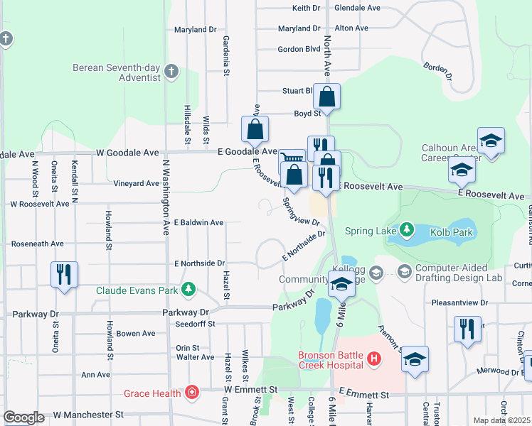map of restaurants, bars, coffee shops, grocery stores, and more near 80 East Baldwin Avenue in Battle Creek