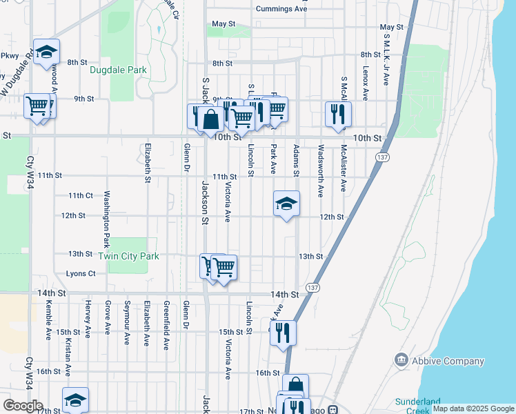 map of restaurants, bars, coffee shops, grocery stores, and more near 821 12th Street in North Chicago