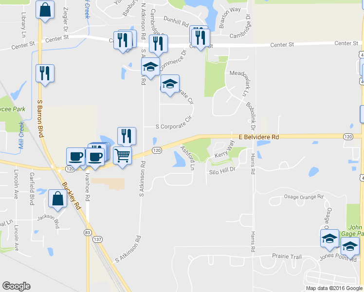 map of restaurants, bars, coffee shops, grocery stores, and more near 505 Ashford Lane in Grayslake