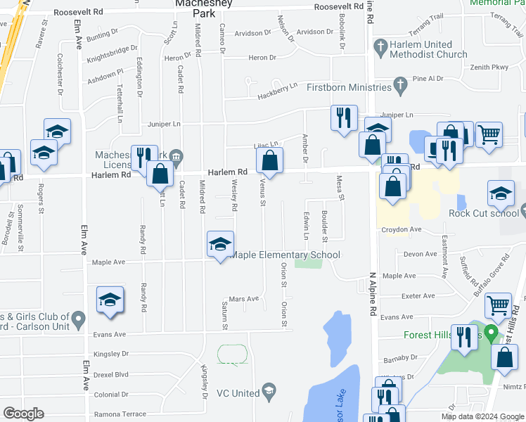 map of restaurants, bars, coffee shops, grocery stores, and more near 7804 Venus Street in Loves Park