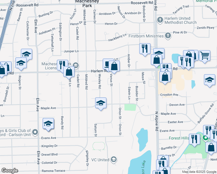 map of restaurants, bars, coffee shops, grocery stores, and more near 7804 Venus Street in Loves Park