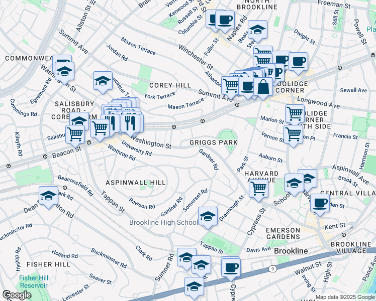 map of restaurants, bars, coffee shops, grocery stores, and more near 135 University Road in Brookline