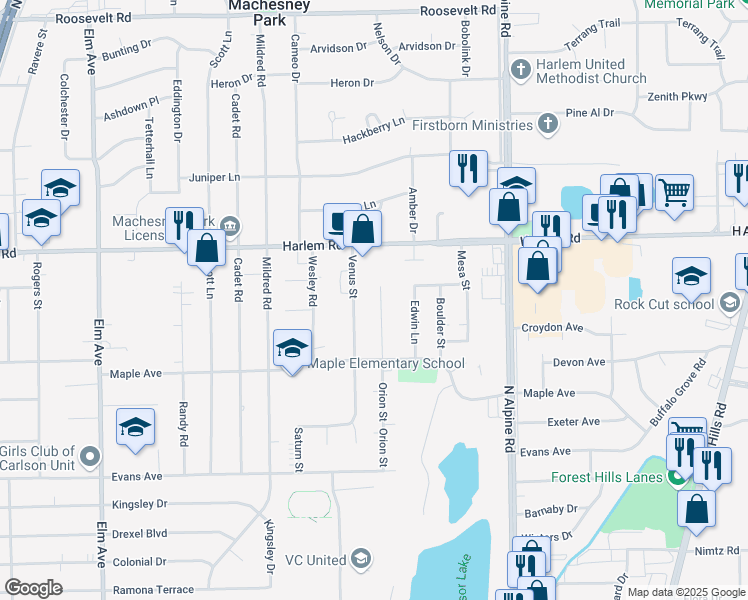 map of restaurants, bars, coffee shops, grocery stores, and more near 7824 Orion Street in Loves Park