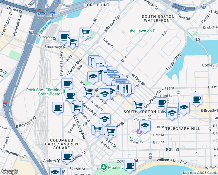 map of restaurants, bars, coffee shops, grocery stores, and more near 350 West Fourth Street in Boston