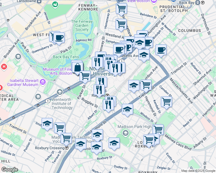 map of restaurants, bars, coffee shops, grocery stores, and more near 110 Forsyth Street in Boston