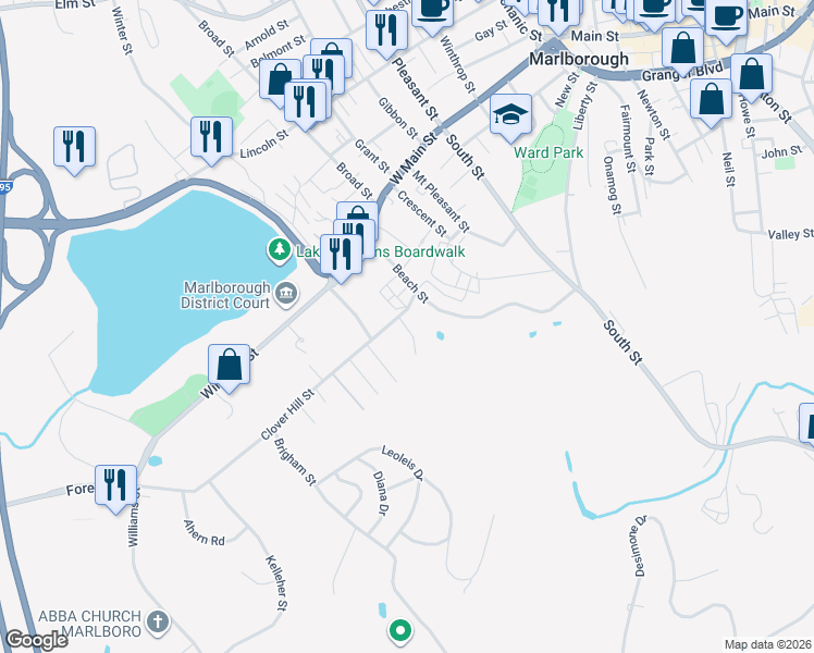 map of restaurants, bars, coffee shops, grocery stores, and more near 29 Daley Circle in Marlborough