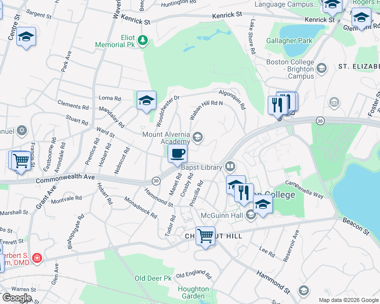 map of restaurants, bars, coffee shops, grocery stores, and more near 219 Commonwealth Avenue in Newton