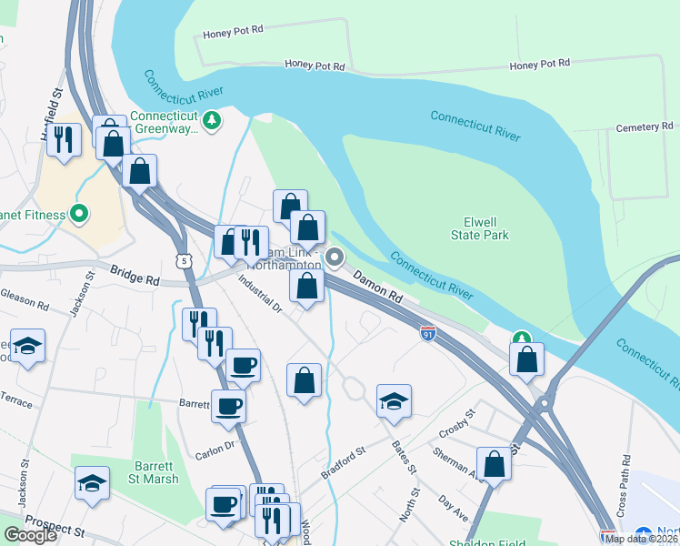 map of restaurants, bars, coffee shops, grocery stores, and more near 141 Damon Road in Northampton