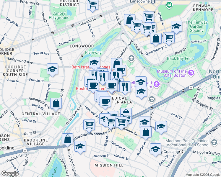 map of restaurants, bars, coffee shops, grocery stores, and more near 333 Longwood Avenue in Boston