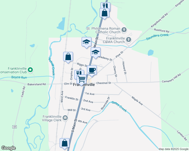 map of restaurants, bars, coffee shops, grocery stores, and more near 9 Pine Street in Franklinville