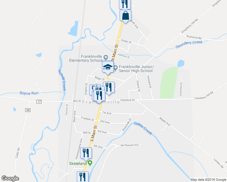 map of restaurants, bars, coffee shops, grocery stores, and more near 9 Pine Street in Franklinville
