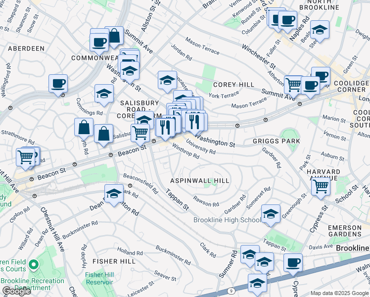 map of restaurants, bars, coffee shops, grocery stores, and more near 10 Claflin Road in Brookline