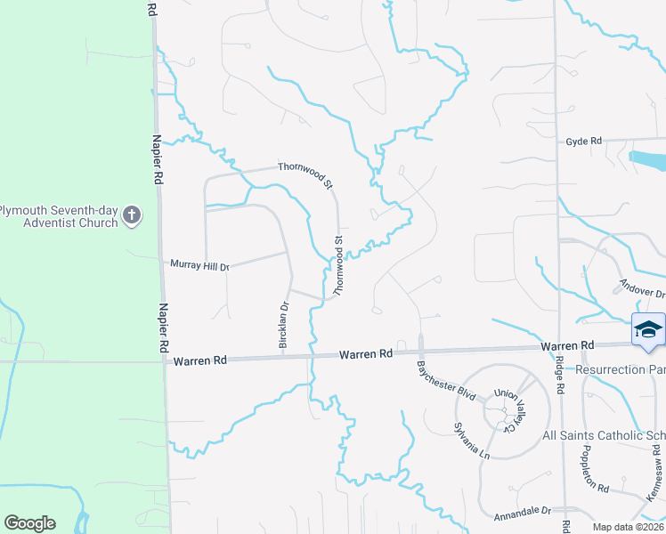map of restaurants, bars, coffee shops, grocery stores, and more near 7537 Thornwood Street in Canton