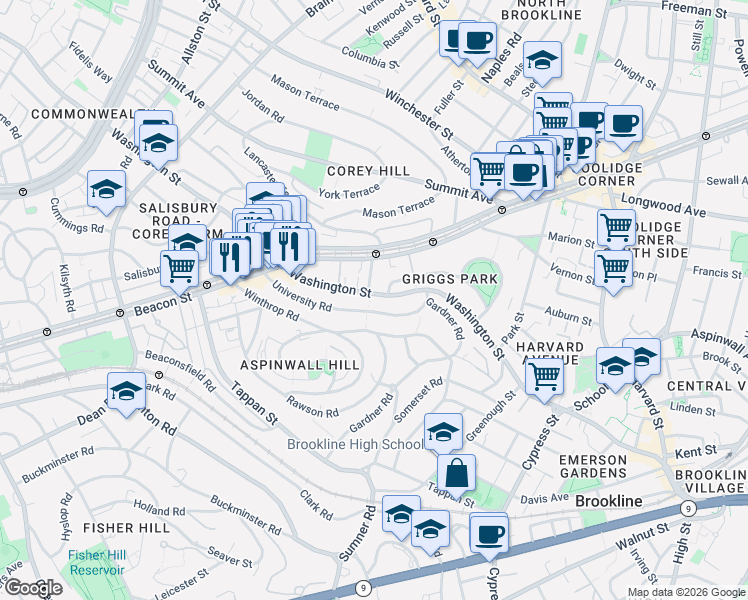 map of restaurants, bars, coffee shops, grocery stores, and more near 620 Washington Street in Brookline