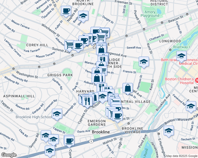map of restaurants, bars, coffee shops, grocery stores, and more near Harvard Street in Brookline