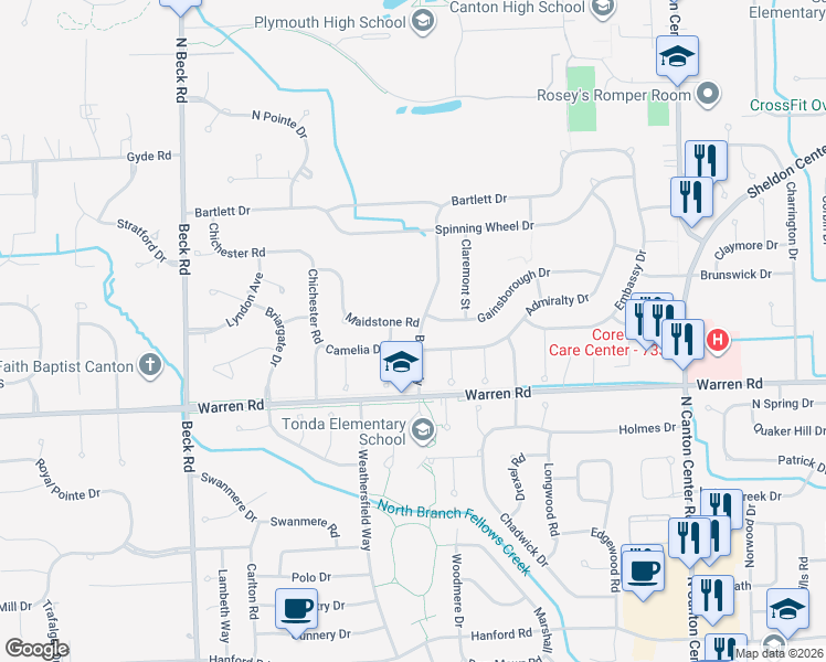 map of restaurants, bars, coffee shops, grocery stores, and more near 7309 Burgundy in Canton