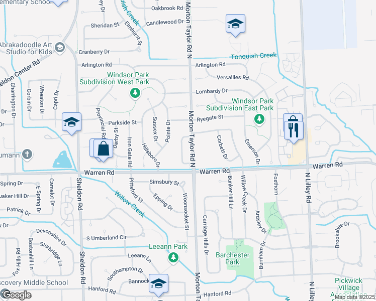 map of restaurants, bars, coffee shops, grocery stores, and more near 7460 Windsor Woods Drive in Canton