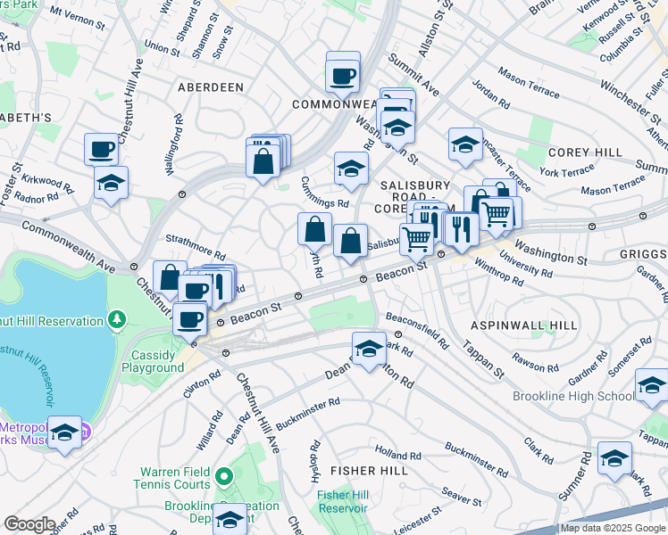 map of restaurants, bars, coffee shops, grocery stores, and more near 1804 Beacon Street in Brookline