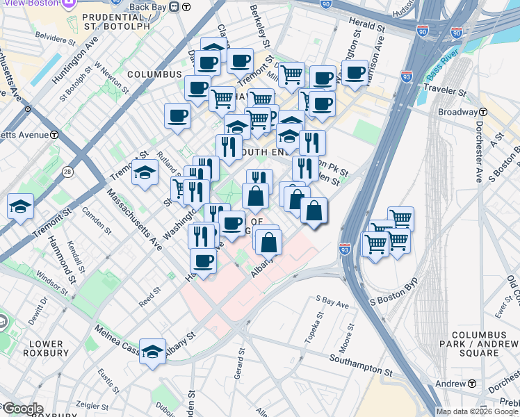 map of restaurants, bars, coffee shops, grocery stores, and more near East Brookline Street in Boston