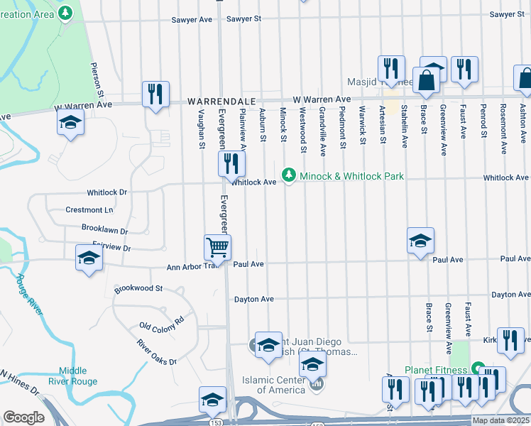 map of restaurants, bars, coffee shops, grocery stores, and more near 6409 Minock Street in Detroit