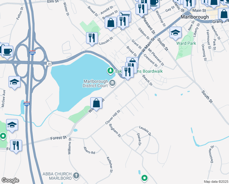 map of restaurants, bars, coffee shops, grocery stores, and more near 20 Robin Drive in Marlborough