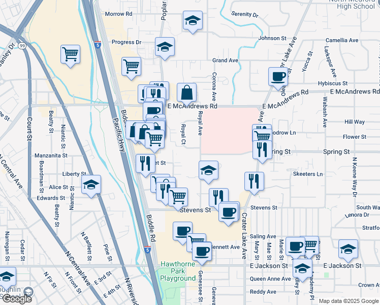 map of restaurants, bars, coffee shops, grocery stores, and more near 903 Royal Court in Medford