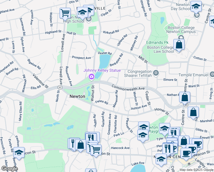 map of restaurants, bars, coffee shops, grocery stores, and more near 926 Commonwealth Avenue in Newton