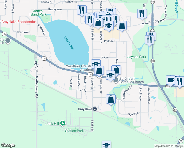 map of restaurants, bars, coffee shops, grocery stores, and more near 274 South Lake Street in Grayslake