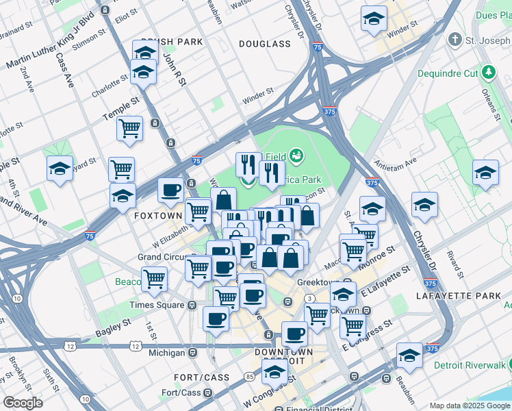 map of restaurants, bars, coffee shops, grocery stores, and more near E Adams St in Detroit