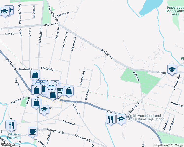 map of restaurants, bars, coffee shops, grocery stores, and more near 111 Straw Avenue in Northampton